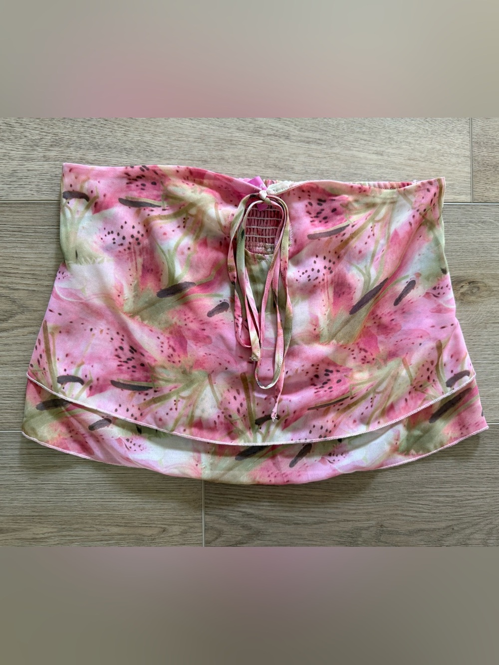 Edikted Floral Strapless Tube Top Smocked Tie Front Pink Small